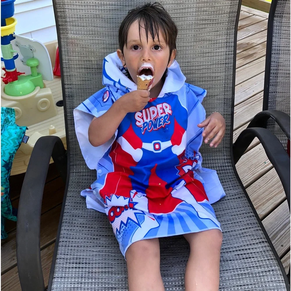 UV Sensing Kids‎ Micro-Fiber Super Power Poncho Hooded Beach Towel Cover Up OS